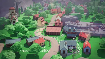 Low poly 3D hillside village with winding stone paths, scattered houses, water tower, and lush green forest