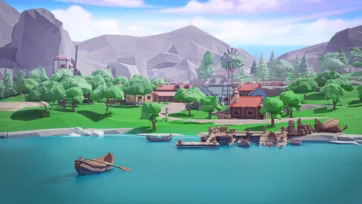 Low poly 3D village waterfront with wooden boats, windmill, colorful houses, and mountain valley setting