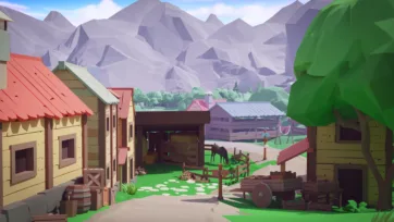 Street level view of low poly 3D village with farm buildings, wooden cart, livestock, and mountain landscape
