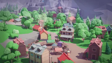 Low poly 3D mountain village with colorful market stalls, wooden buildings, windmill, and forested hillsides
