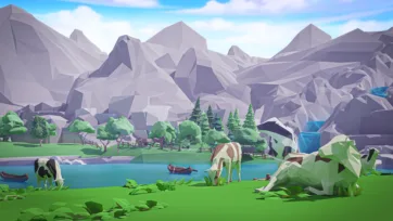 Low poly 3D mountain valley scene with grazing cattle, boats on lake, and dramatic rocky mountain backdrop