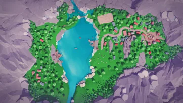 Overhead perspective of low poly 3D village community around lake with dense forest, colorful houses, and winding paths