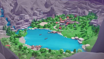 Aerial view of low poly 3D village nestled in mountain crater with blue lake, buildings, boats, and surrounding rocky cliffs