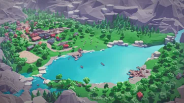 Panoramic view of low poly 3D village around mountain lake with boats, settlement, and dramatic cliff formations