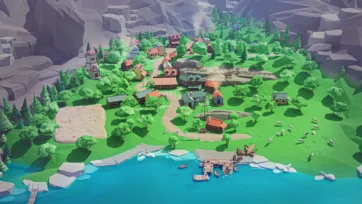 Low poly 3D village settlement with waterfront dock, grazing animals, houses, and lush green surroundings