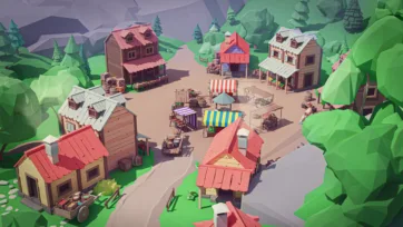 Detailed low poly 3D village marketplace with merchant stalls, wooden buildings, and mountain forest backdrop