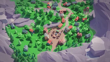 Aerial view of low poly 3D mountain village with central plaza, houses, and winding paths through green landscape