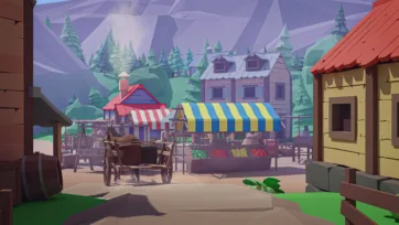 Low poly 3D village market square with colorful vendor stalls, wooden cart, and surrounding alpine houses