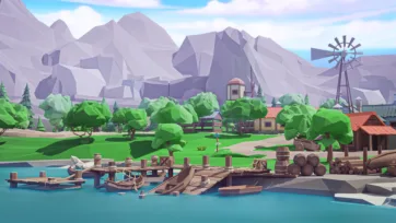 Low poly 3D village waterfront scene with lumber mill, windmill, wooden dock, and log storage areas