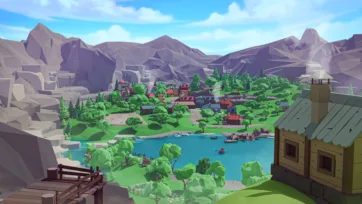 Overview of low poly 3D mountain village with lake, scattered buildings, pine trees, and dramatic rocky terrain