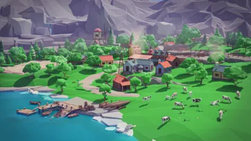 Low poly 3D pastoral village with grazing cattle, wooden dock, houses with red roofs, and mountain landscape
