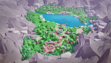 Aerial view of low poly 3D village built around crater lake with colorful houses, boats, and surrounding rocky cliffs