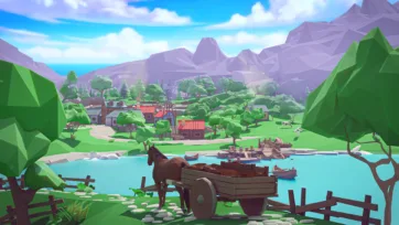Low poly 3D village scene featuring lakeside settlement with wooden buildings, horse-drawn cart, boats, and mountain backdrop