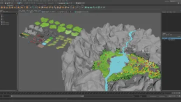 Low poly 3D village Maya editor scene showing complete village environment and assets