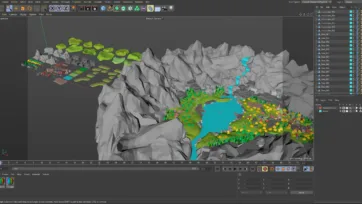 Low poly 3D village Cinema 4D editor showing complete village scene setup