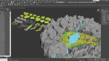 Low poly 3D village 3ds Max editor scene with complete village environment