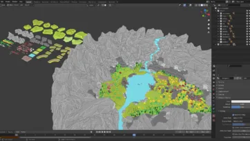 Low poly 3D village Blender editor scene showing complete asset collection
