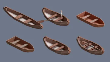 Low poly 3D village wooden boats and rowboats collection