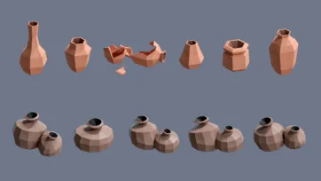Low poly 3D village pottery vessels, ceramic jars, and containers