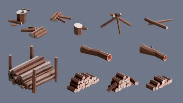 Low poly 3D village wooden logs, sticks, and lumber materials collection