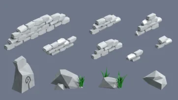 Low poly 3D village stone walls, pathways, and grassy terrain elements