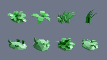 Low poly 3D village grass clumps and small vegetation elements