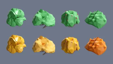 Low poly 3D village bushes and shrubs in green and autumn yellow colors