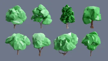 Low poly 3D village green summer trees collection with lush foliage