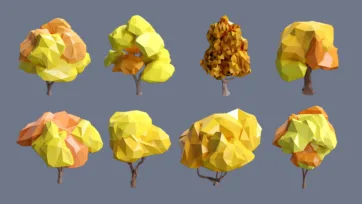 Low poly 3D village autumn trees with golden and orange foliage collection