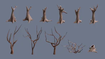 Low poly 3D village dead tree stumps, bare branches, and tree trunk elements