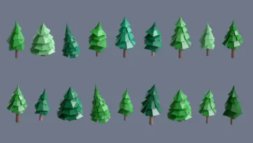 Low poly 3D village pine trees and forest variations in different shades