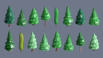Low poly 3D village evergreen pine trees collection in multiple styles