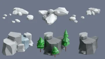 Low poly 3D village white rocks, stone clusters, and evergreen tree elements