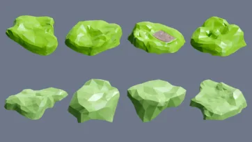 Low poly 3D village green terrain pieces and grassy hill elements
