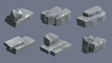 Low poly 3D village gray stone blocks and terrain building elements