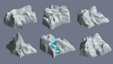 Low poly 3D village mountain rocks and terrain elements with waterfall feature