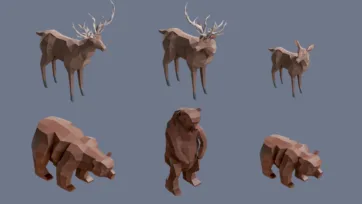 Low poly 3D village wildlife animals including deer with antlers and brown bears