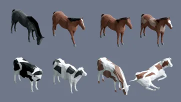 Low poly 3D village farm animals collection featuring horses and dairy cows
