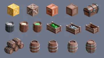 Low poly 3D village storage items including wooden boxes, barrels, and treasure chest