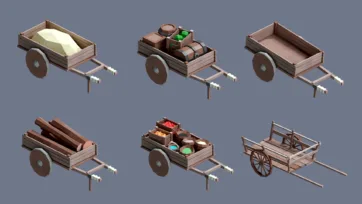 Low poly 3D village wooden carts and wagons with various cargo loads