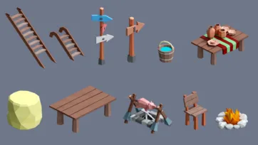 Low poly 3D village furniture and props including ladders, signs, tables, and campfire