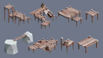 Low poly 3D village wooden dock structures, platforms, and bridge components
