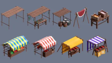 Low poly 3D village market stalls with colorful striped awnings and produce displays