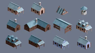 Low poly 3D village houses with blue-green metal roofs and stone well