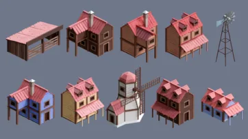 Low poly 3D village buildings collection with red tile roofs and traditional windmill