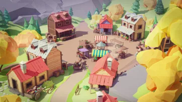 Low poly 3D village marketplace with colorful striped market stalls and wooden buildings