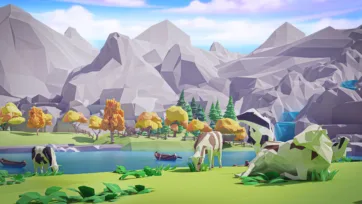 Low poly 3D riverside village scene with grazing cows, boats, and dramatic mountain backdrop