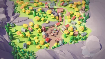 Low poly 3D village in mountain valley with central marketplace and autumn trees