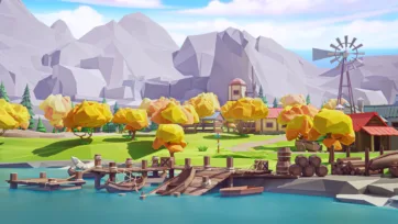 Low poly 3D village harbor with wooden dock, boats, barrels, and windmill structure