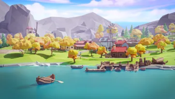Low poly 3D lakeside village with wooden boats, windmill, and mountain landscape